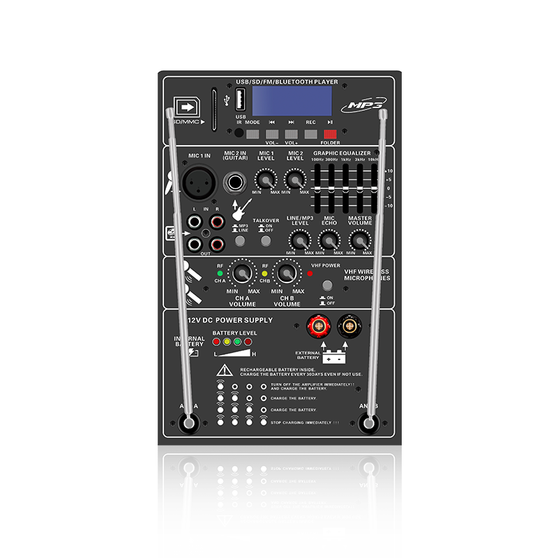 PL13-5EQ: два микрофонных канала и регулятор громкости с 5-полосным графическим эквалайзером. Функциональный модуль перезаряжаемого динамика.