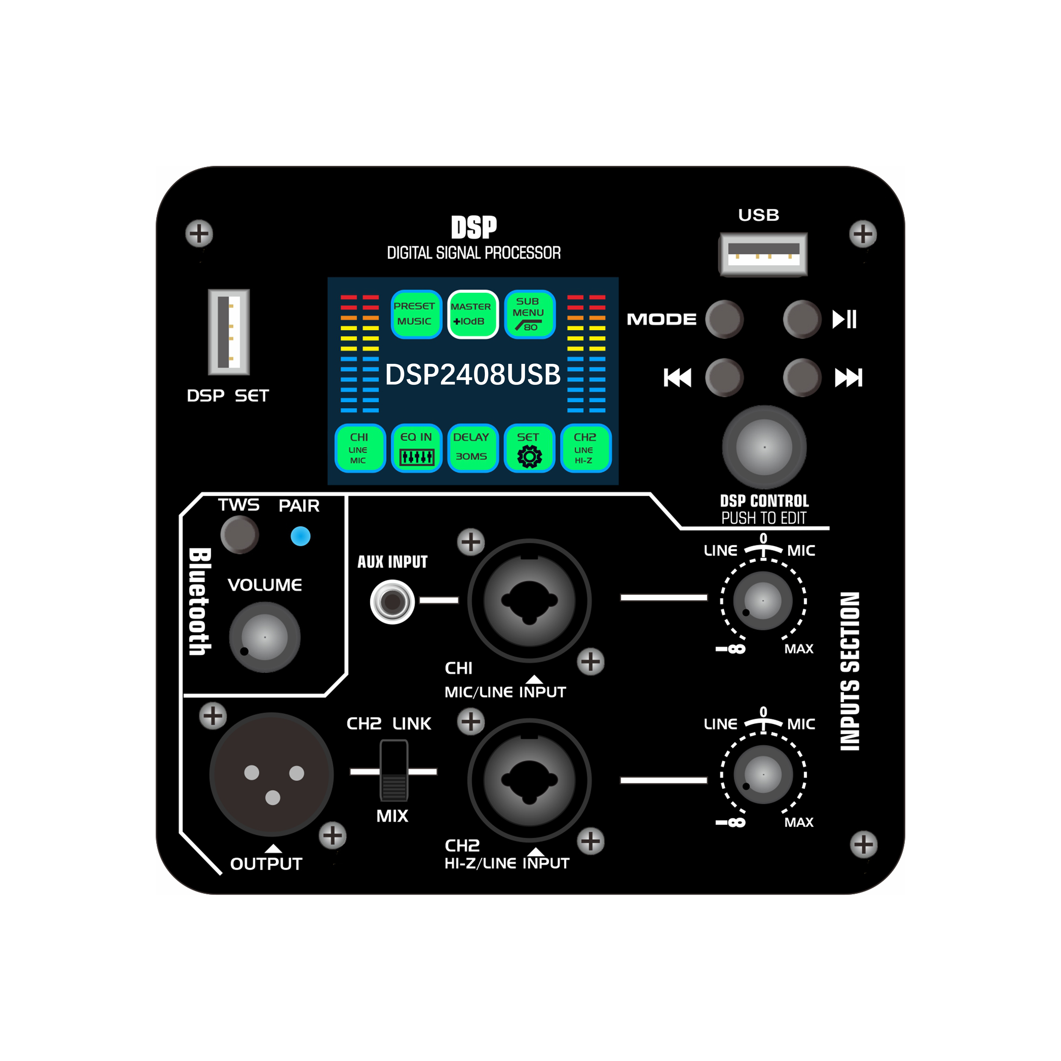 DSP2408USB Активный усилитель мощности DSP с цветным экраном и функцией воспроизведения звука с USB-накопителя